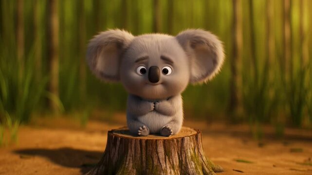 Animated baby koala sitting on a stump in the forest awaiting spring a cartoonish animal full of cuteness and fluffiness
