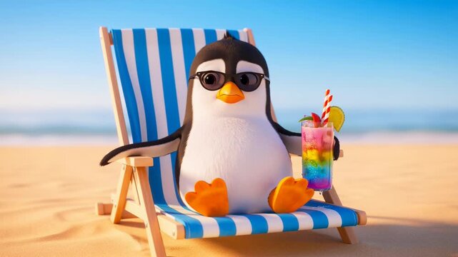 Cartoon penguin relaxing on beach chair with drink,summer holiday vacation with cute animal character concept,sandy shore and blue sky