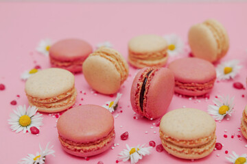 Fototapeta premium Pink and Vanilla Macarons with Daisies on Pastel Background, Flat Lay