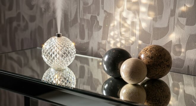 Elegant crystal aroma diffuser emitting mist alongside decorative stone spheres on a mirrored console surface