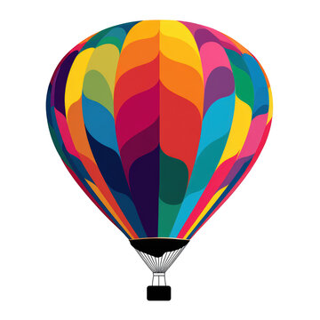 Vibrant hot air balloon with colorful abstract pattern soaring against a white background