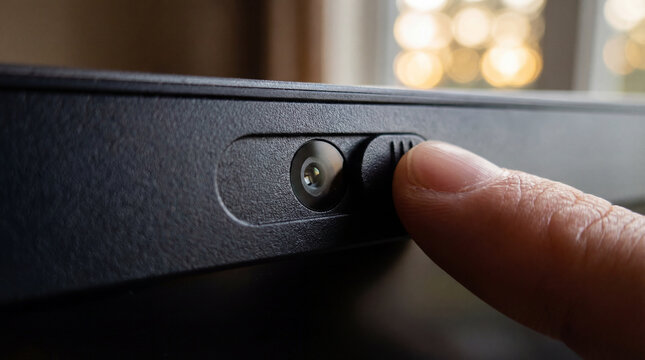 Webcam cover sliding over laptop camera lens for digital privacy protection