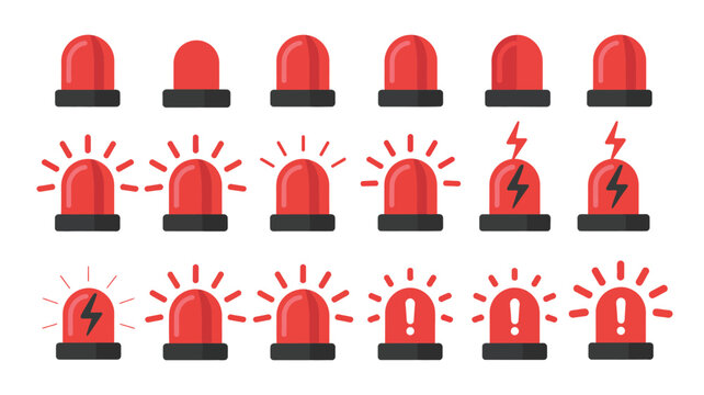 Siren and emergency light icons, warning signals, flashing alarm, police car, fire truck, ambulance, rescue light, alert device, safety symbols, vector illustrations for websites, apps, and safety