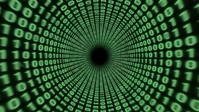 Digital tunnel of binary code with green numbers spiraling inward, creating a sense of depth and motion in a dark background, representing data flow and technology