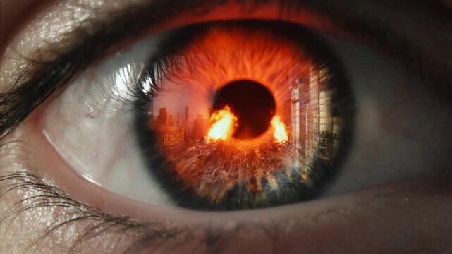 ultra-realistic human eye as the starting point, focusing tightly on the iris and cornea with detailed reflections of the city explosions.
