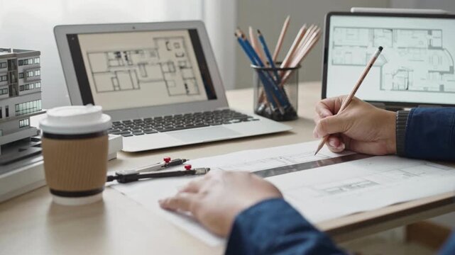 Architect designer drawing close-up. Professional architect working, making notes in new house project, blueprint plan, drafting building. Architect using Ruler and Pencil to make Blueprints on Paper.