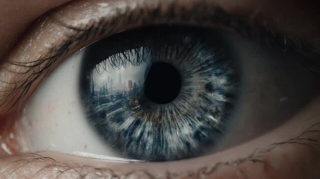 ultra-realistic human eye as the starting point, focusing tightly on the iris and cornea with detailed reflections of the city explosions.