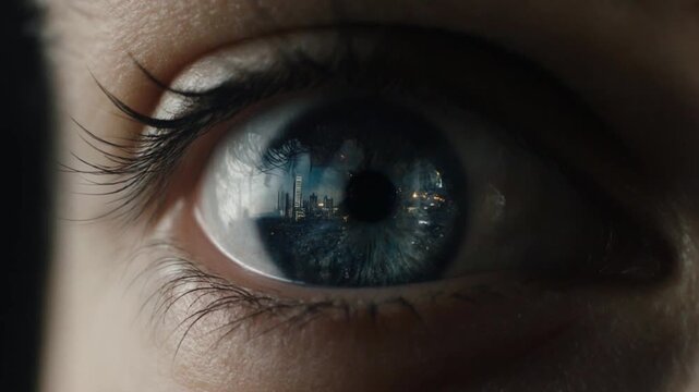 ultra-realistic human eye as the starting point, focusing tightly on the iris and cornea with detailed reflections of the city explosions.