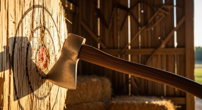 Polished Steel Axe Head Imbedded in Target in Barn