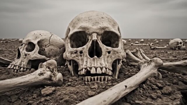 Human skulls and bones on dry ground.