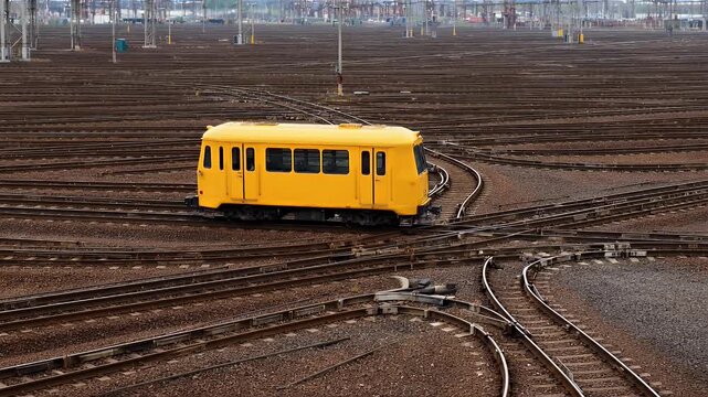 Yellow maintenance vehicle on extensive brown railway tracks and switch points