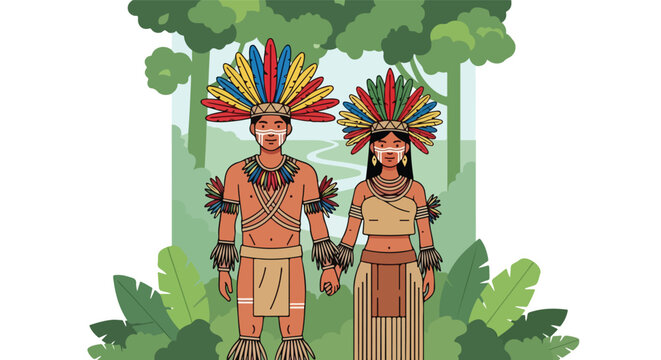 Two people in traditional indigenous attire stand hand-in-hand amidst a lush, green forest