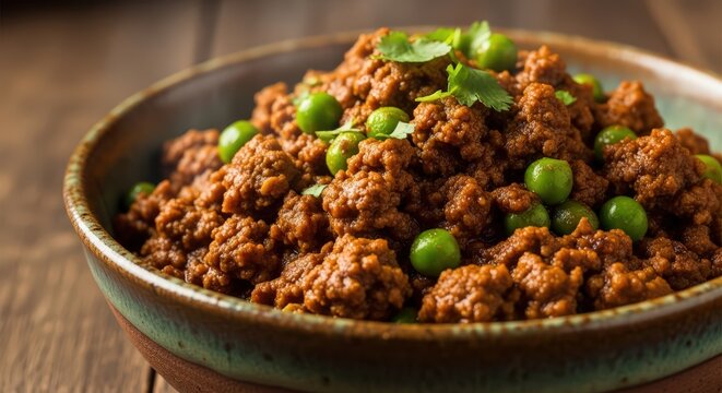 Delicious Indian Keema Matar, minced meat curry with green peas, a traditional flavorful dish