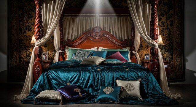 Deep mahogany four poster bed with ornate carvings and luxurious teal bedding