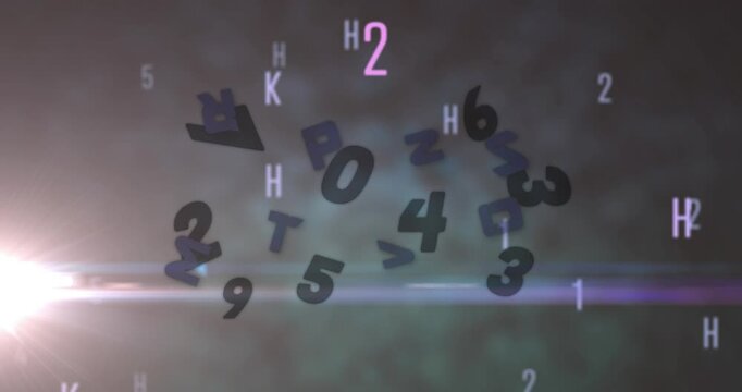 Animation of changing numbers and letters on black background with lights