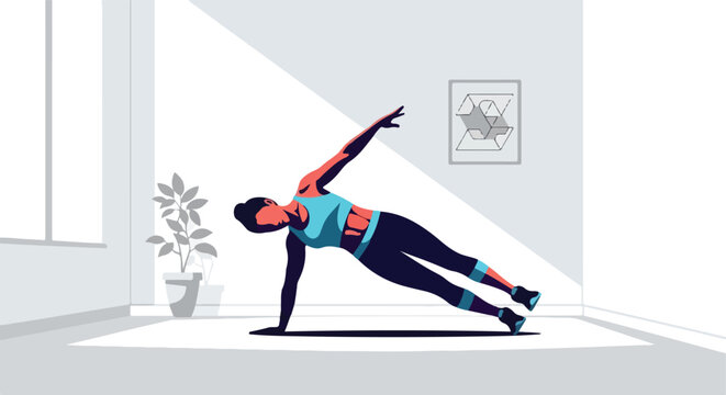 Person performing a side plank exercise in a bright room with a plant