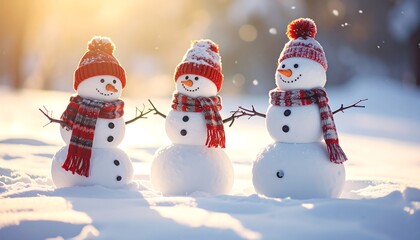 Fototapeta premium Three snowmen with red hats and scarves stand in a snowy scene, illuminated by the bright winter sunlight