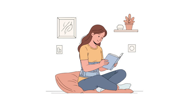 A young person wearing a back brace reads a book while sitting cross-legged on cushions