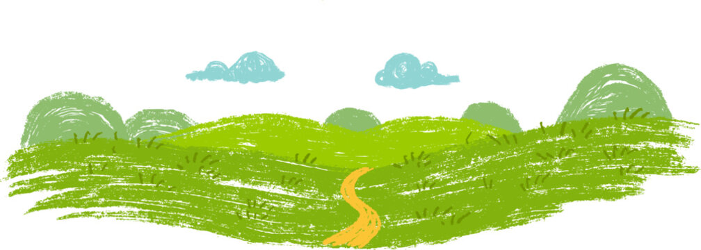 Hand drawn panoramic landscape showing winding orange path leading through green grassy hills towards blue horizon. Scribble art background for children book or game in cartoon doodle style 