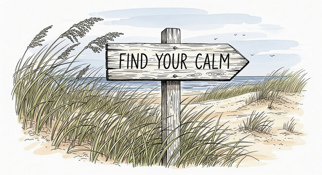 Wooden sign on a sandy beach dune points towards the ocean with the message 'Find Your Calm'.