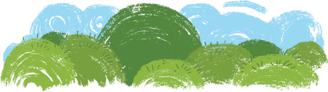 Panoramic landscape filled with dense rounded green hills and bushes under swirling blue cloud sky. Scribble vector background for children book or game in cartoon doodle style made from pencil