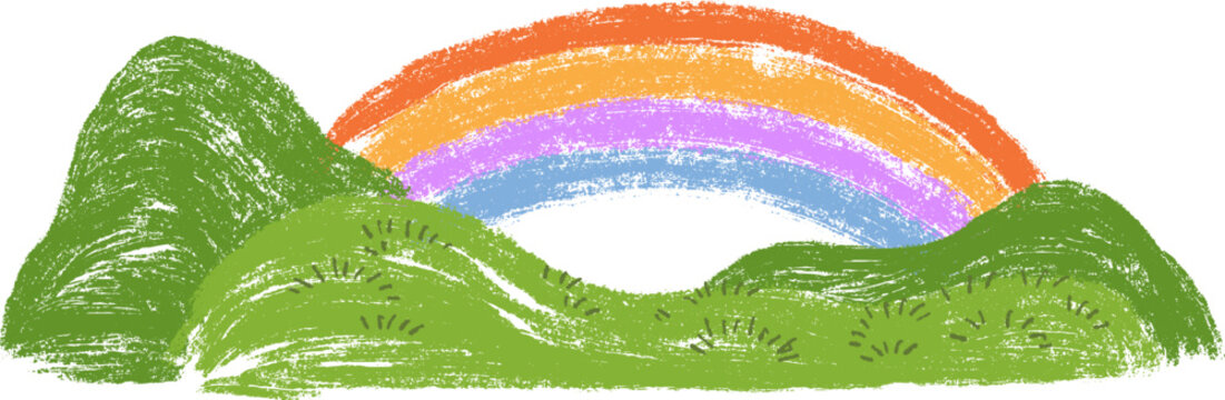 Vibrant panoramic illustration of multi colored rainbow arching over soft green rolling hills. Scribble vector background for children book or game in cartoon doodle style made from pencil, marker