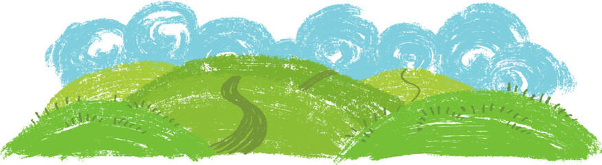 Obraz premium Children textured vector illustration showing range of green grassy hills with central winding path and swirling blue crayon style clouds in background.