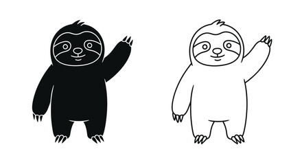 Fototapeta premium Two cartoon sloths waving one black and one white outline