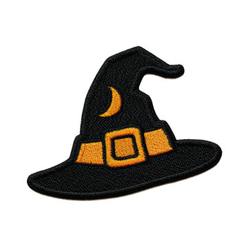 Embroidered black witch hat with orange crescent moon and buckle detail