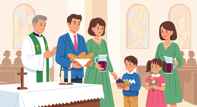 Religious ceremony with priest, family offering bread, wine, grapes, and flowers