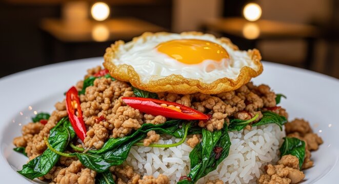 Authentic Thai Pad Krapow Gai with minced chicken, holy basil, chili, and a perfect fried egg on rice