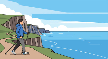 Obraz premium A person Nordic walking along a coastal path with cliffs and the sea