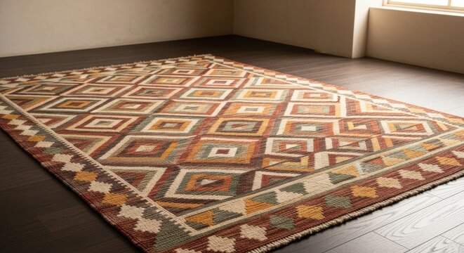 Intricately woven geometric patterned rug on a dark wooden floor, showcasing traditional textile art and home decor.