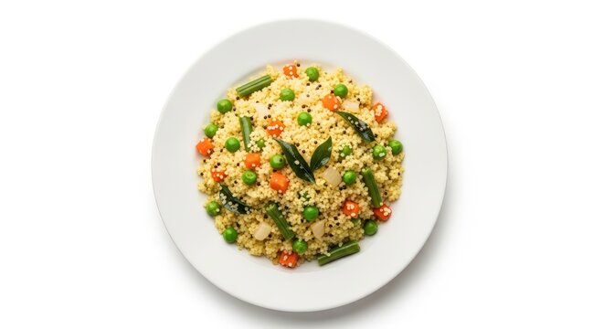 Healthy and savory Indian Upma, semolina dish with green peas, carrots, and beans on a white plate