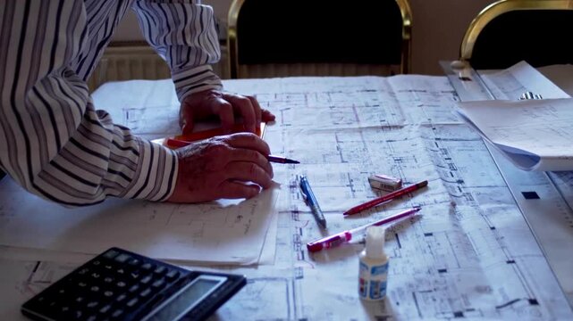 Close-up of an architect drawing and measuring construction plan in the office. Architect male project drawing close-up. paperwork of floor plan for building, development or planning property.