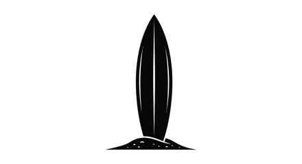 Simple black surfboard standing on sand a striking silhouette © mst