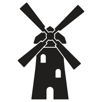 Simple flat windmill icon with four blades and simple architecture isolated on transparent background
