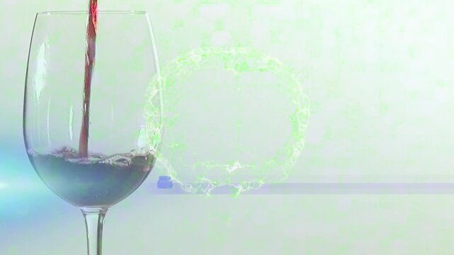 Animation of brain shaped network over red wine pouring into glass and blue light on white