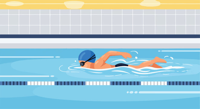 A person swims freestyle in a brightly lit indoor swimming pool with lane markers (1)