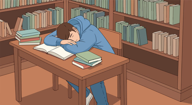 Young person slumps asleep over books in a library, surrounded by shelves