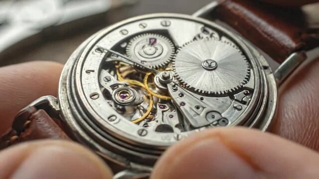 A watchmaker holds an open mechanical watch to inspect the gears