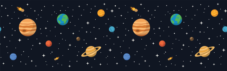 Cute seamless space pattern with planets, stars and comets © Alex_Zakharov