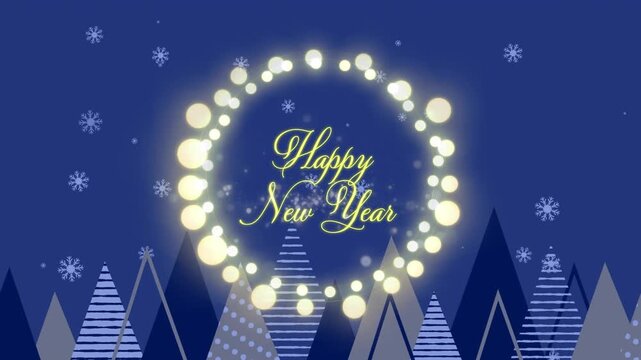 Animation of happy new year greetings text in fairy lights frame over christmas winter scenery