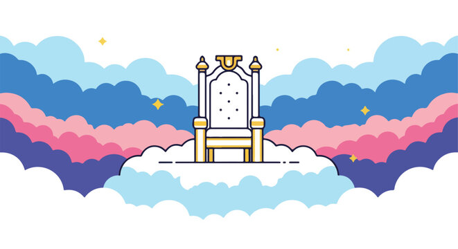 A white and gold throne rests upon clouds under a starry, colorful sky