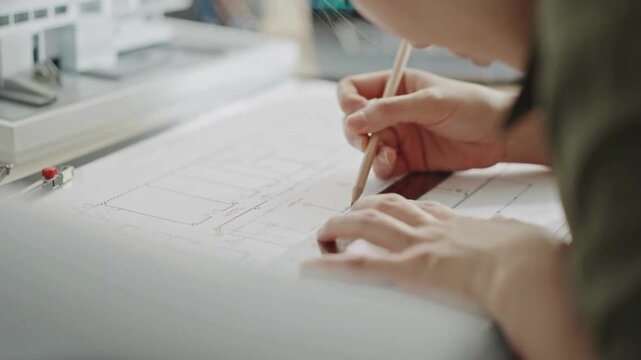Close up of architect woman working on a new project at her desk. View of a female architect draws a building plan and measures the dimensions of the blueprint. Architect, Engineer Concept.