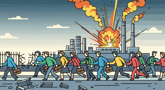 Workers flee industrial explosion, leaving behind debris and smokestacks