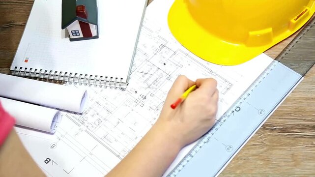 Architect works on building layout, close-up. Designer at table drawing on blueprint or draft design of modern building manufacture. Architect in the drawing blueprint of construction plan project.