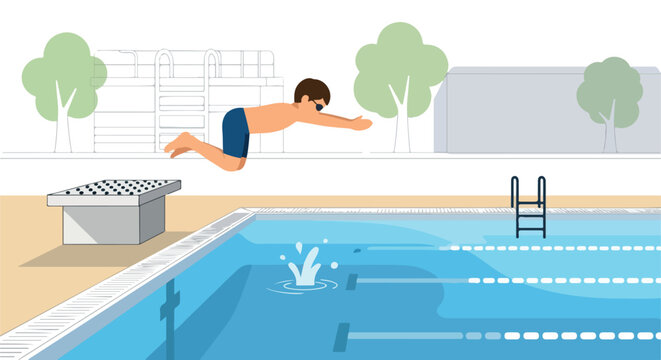 A swimmer dives into a pool with lanes, a diving board, and trees