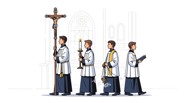 Four robed figures in a procession inside a church, carrying religious symbols