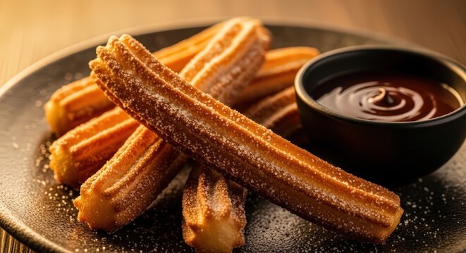 Crispy churros dusted with powdered sugar, served with a rich chocolate dipping sauce on a dark plate